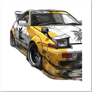 White and Yellow Japanese Drift Car Posters and Art